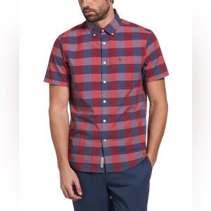 Original Penguin Men's End-On-End Red and Blue Checkered / Plaid Shirt - Size M